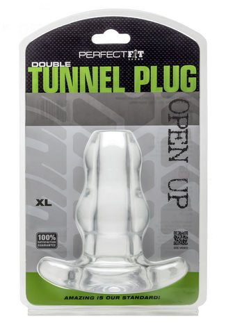 Perfect Fit Double Tunnel Butt Plug XL Ice Clear packaging features a see-through design, showcasing two tapered sections.