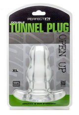 Perfect Fit Double Tunnel Butt Plug XL Ice Clear packaging features a see-through design, showcasing two tapered sections.