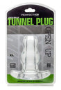Perfect Fit Double Tunnel Butt Plug XL Ice Clear packaging features a see-through design, showcasing two tapered sections.