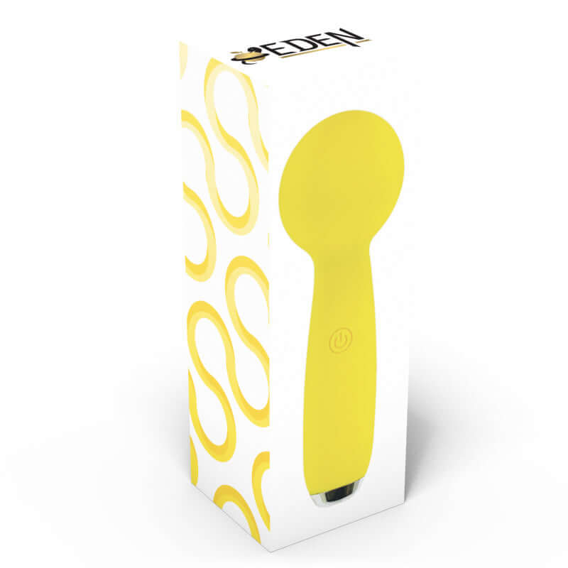 Petites Lil Exclaim Mini Wand Vibrator Yellow in its packaging with a modern design.