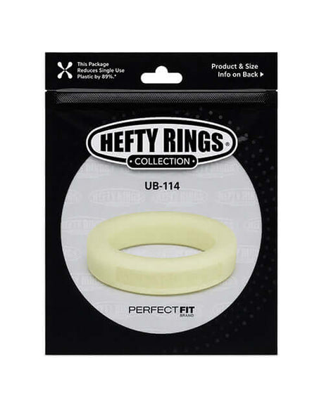 Perfect Fit Hefty Ring 1.4 inch Silicone Glow In The Dark package featuring a stretchy glow-in-the-dark cock ring.