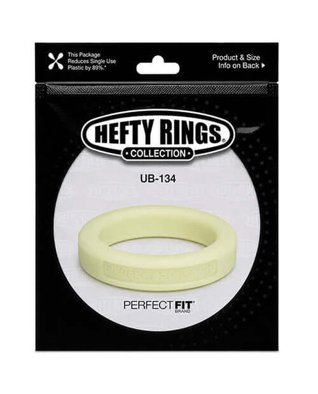 Perfect Fit Hefty Ring 1.75 inch Silicone Glow In The Dark in packaging, showcasing its body-safe design.