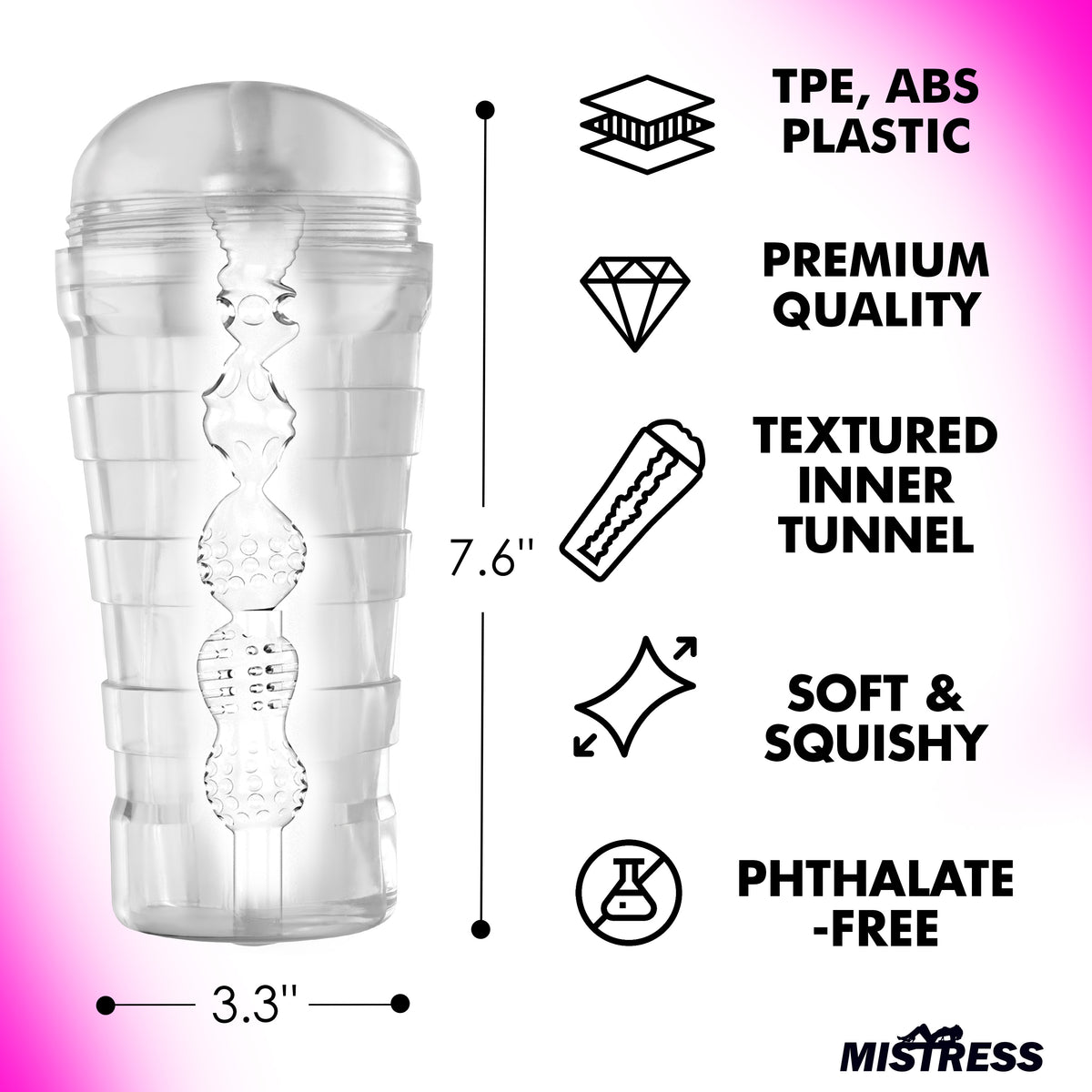 Mistress Brianna Diamond Deluxe Ass Stroker Clear features textured inner tunnel and phthalate-free material for lifelike experience.