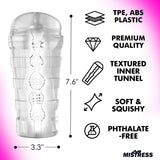 Mistress Brianna Diamond Deluxe Ass Stroker Clear features textured inner tunnel and phthalate-free material for lifelike experience.