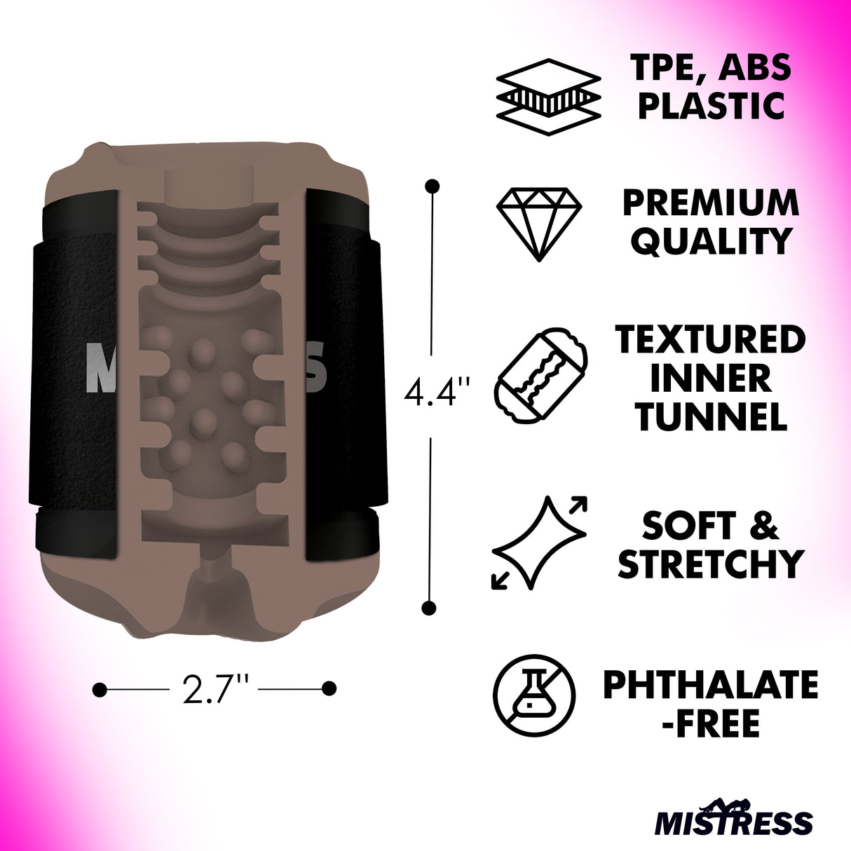 Mistress Double Shot Mouth & Pussy Stroker Dark features a textured inner tunnel, soft and stretchy design, and premium quality materials.