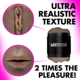 Ultra realistic texture of the Mistress Double Shot Mouth & Pussy Stroker Dark, highlighting dual-entry design for pleasure.