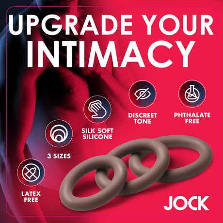 Jock Discreet Silicone Cock Ring Set Dark showcasing three silicone rings with features like latex free and discreet tone.