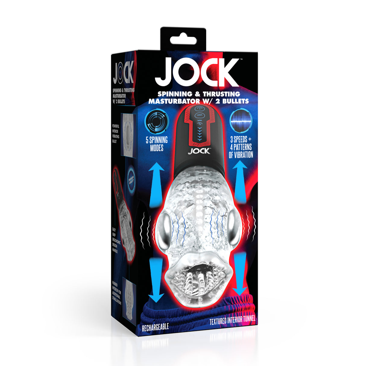 Jock Spinning & Thrusting Masturbator with 2 Bullets, featuring spinning modes and vibrating patterns for customizable pleasure.
