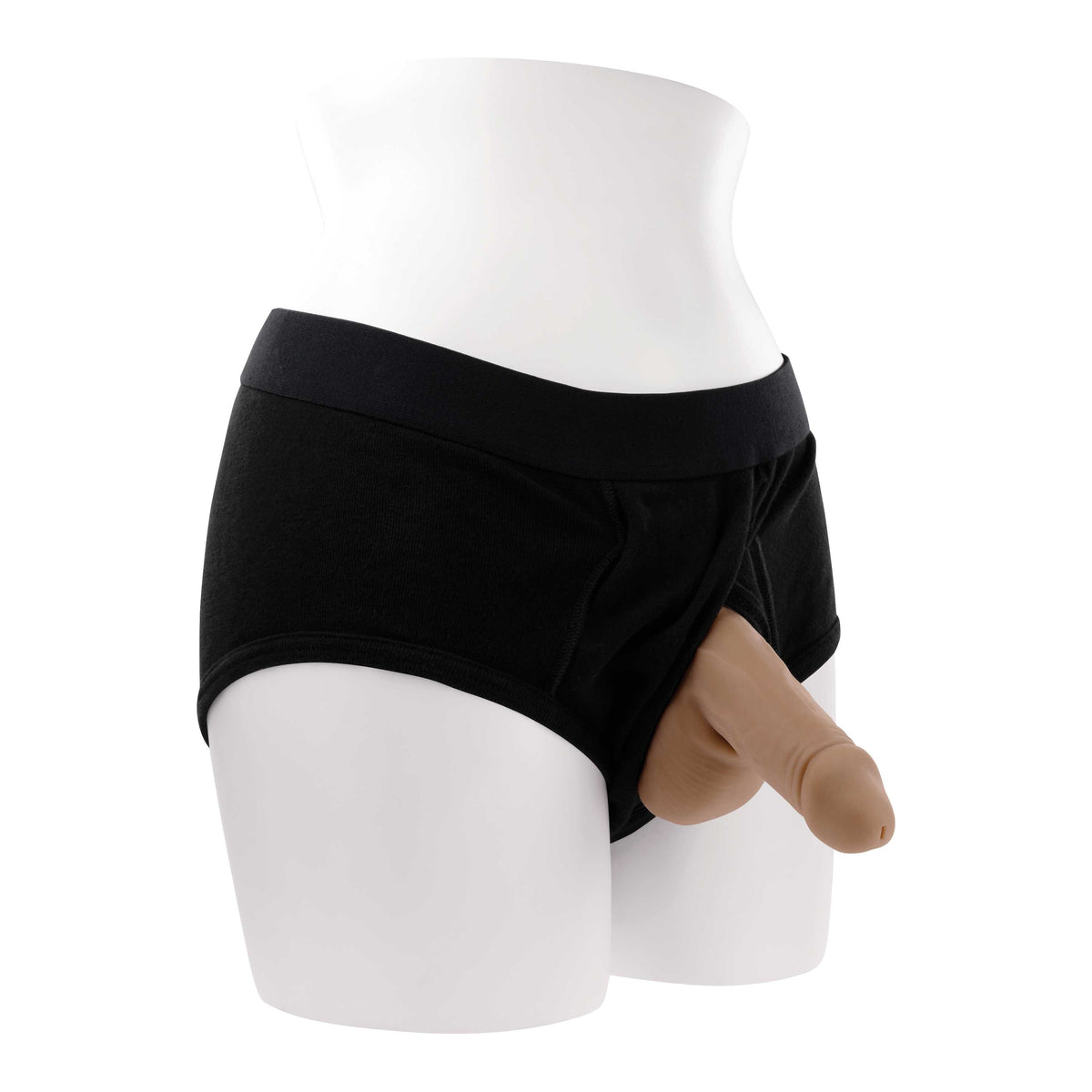 Gender X Stand To Pee Medium STP Packer Tan displayed on a mannequin wearing black briefs.