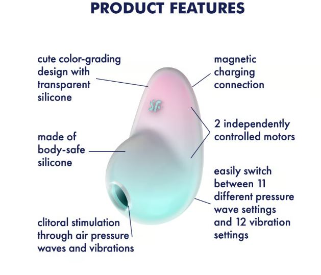 Satisfyer Pixie Dust Air Pulse Clitoral Vibrator Violet Pink product features including clitoral stimulation and dual motors.