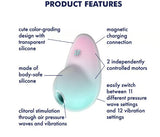 Satisfyer Pixie Dust Air Pulse Clitoral Vibrator Violet Pink product features including clitoral stimulation and dual motors.