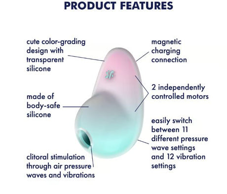 Satisfyer Pixie Dust Air Pulse Clitoral Vibrator Violet Pink product features including clitoral stimulation and dual motors.