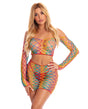 Pink Lipstick Pot of Gold Skirt Set Rainbow worn by a model, showcasing colorful mesh top and skirt.