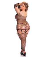 Pink Lipstick In My Head Net Bodystocking Black Queen showcasing a woman's curvy figure in black net stockings.