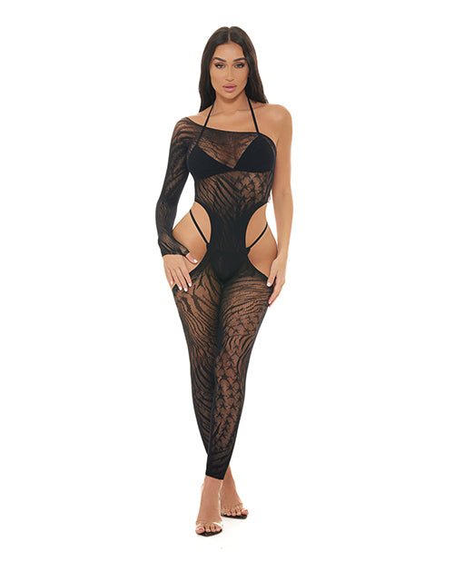 Pink Lipstick Star Sign Bodystocking Black One Size on model, showcasing its chic and alluring design.