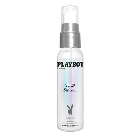 Playboy Pleasure Slick Silicone Lubricant 4 Oz bottle with pump, designed for smooth and long-lasting glide.