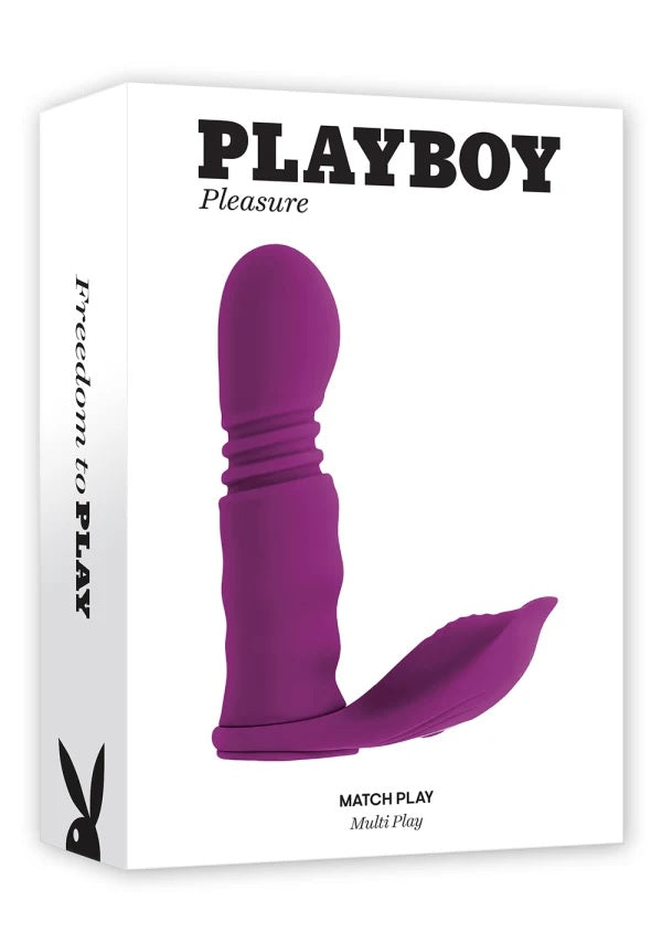 Playboy Match Play Silicone Dual Vibrator Purple packaging showcasing the versatile toy for solo and couple pleasure.