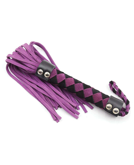 Plesur 15 Inch Leather Flogger Purple featuring braided handle and suede tails for sensual experiences.