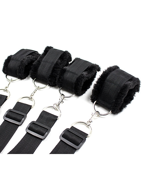 Plesur Fuzzy Bedroom Bondage Kit Black soft cuffs and straps for comfortable restraint.