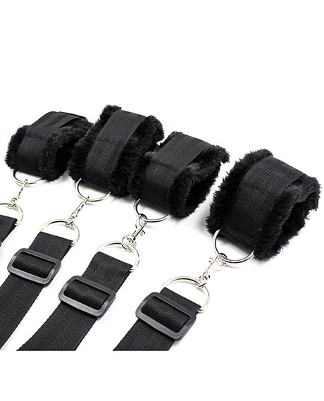 Plesur Fuzzy Bedroom Bondage Kit Black soft cuffs and straps for comfortable restraint.