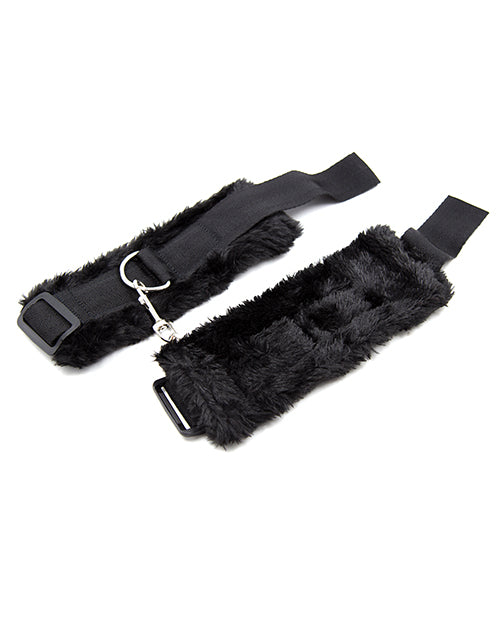 Plesur Fuzzy Bedroom Bondage Kit Black soft wrist and ankle cuffs for comfortable restraint play.