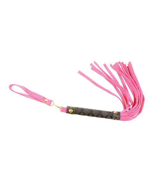Plesur Mini Leather Flogger Pink with a premium handle, suited for impact play sessions.