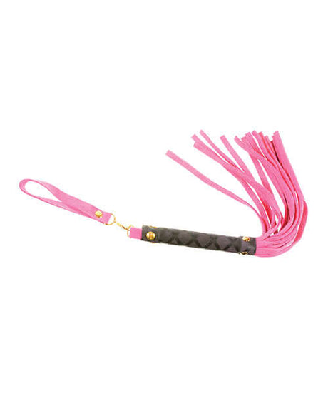 Plesur Mini Leather Flogger Pink with a premium handle, suited for impact play sessions.