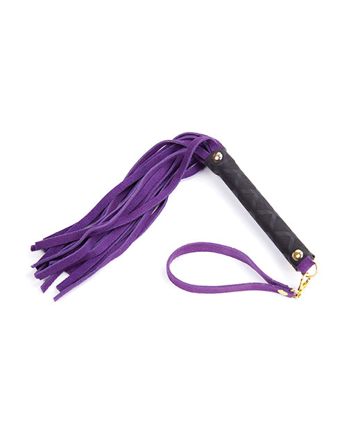 Plesur Mini Leather Flogger Purple with a black handle and long purple tassels for sensation play.