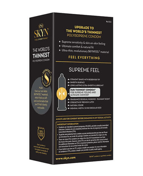 Lifestyles SKYN Supreme Feel Condoms Pack of 10 box showcasing features of ultra-thin, natural fit, and supreme sensitivity.