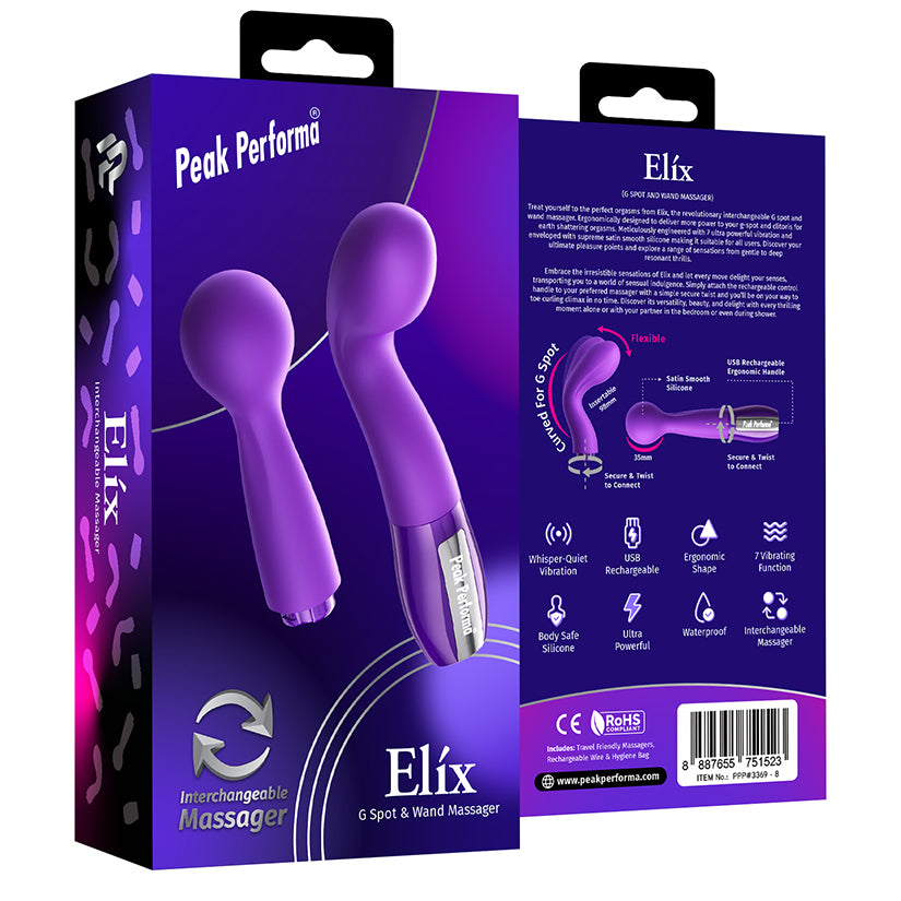 Peak Performa Elix G-Spot and Wand Massager Purple packaging with design details and interchangeable features.