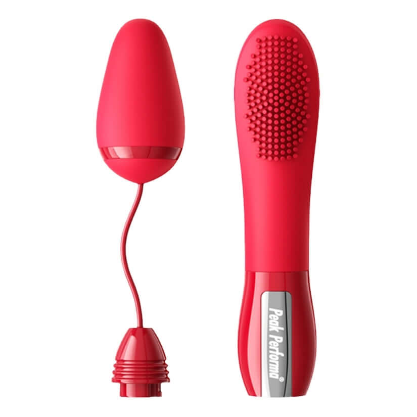 Peak Performa Interchangeable Lushe Egg Massager Red with textured sleeve and smooth egg design.