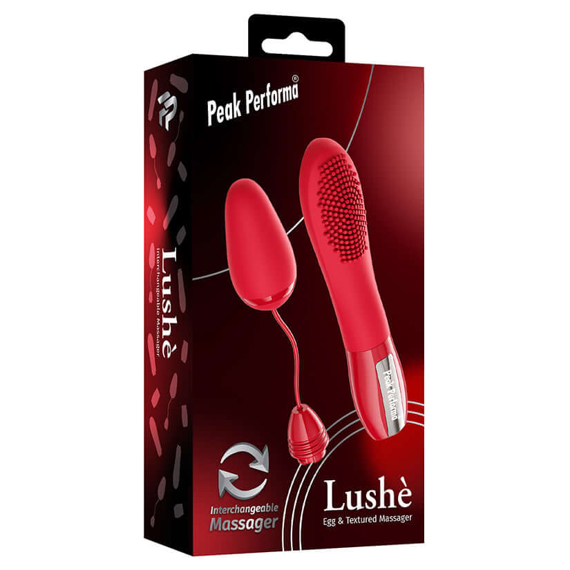Peak Performa Interchangeable Lushe Egg Massager Red packaging featuring a versatile textured massager for targeted vibrations.