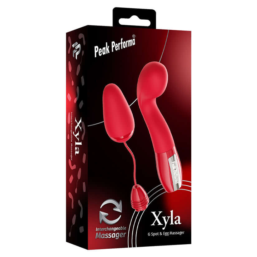Peak Performa Interchangeable Xyla G-Spot Egg Vibrator Red in packaging showcasing versatile pleasure toy.
