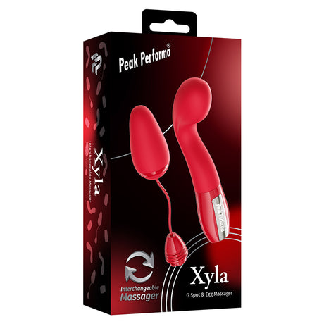 Peak Performa Interchangeable Xyla G-Spot Egg Vibrator Red in packaging showcasing versatile pleasure toy.