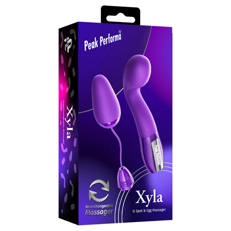 Peak Performa Xyla G-Spot and Egg Massager Purple packaging showing interchangeable design for pleasure.