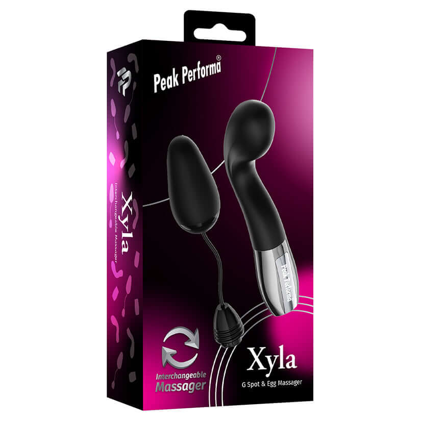 Peak Performa Xyla G-Spot and Egg Massager Black packaging showcasing its interchangeable design.