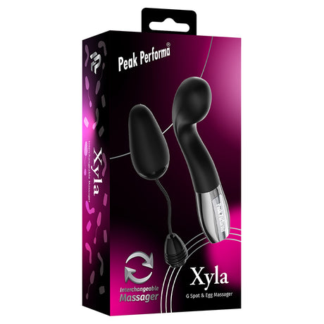 Peak Performa Xyla G-Spot and Egg Massager Black packaging showcasing its interchangeable design.