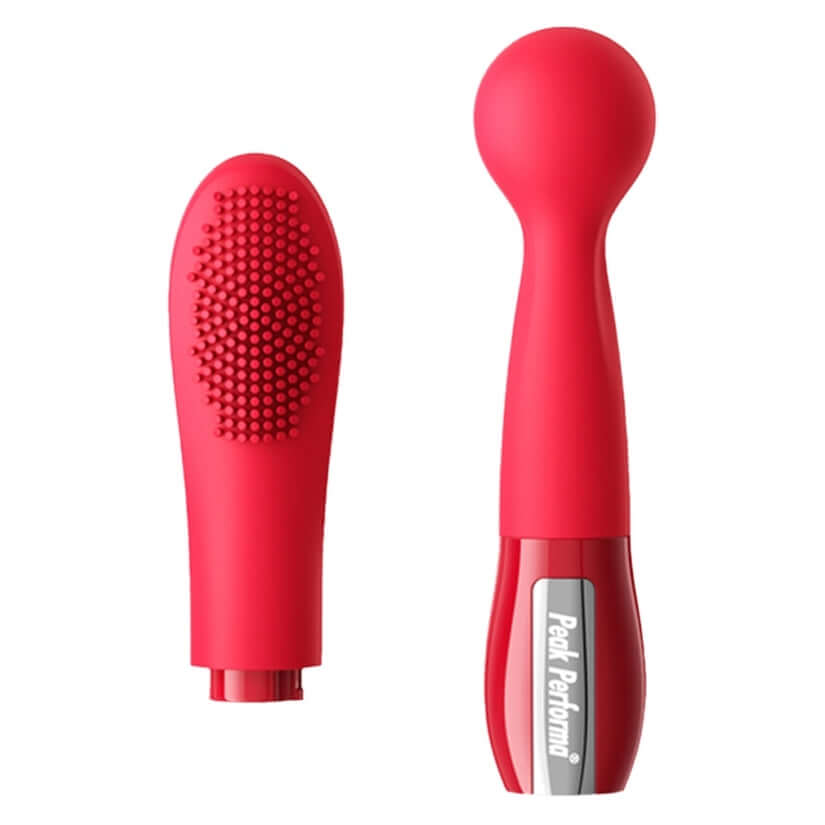 Peak Performa Interchangeable Zira Wand Massager Red with swappable textured attachment for versatile pleasure.