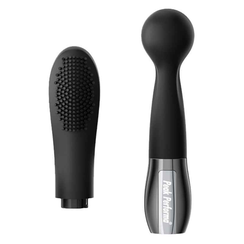 Peak Performa Interchangeable Zira Wand Massager Black with textured attachment and sleek design.