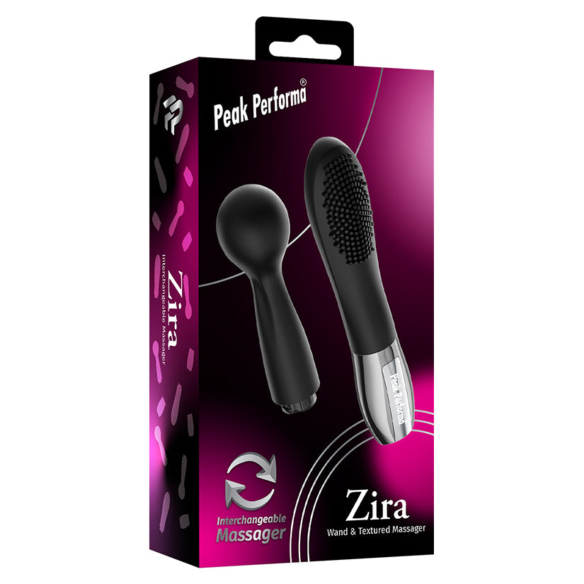 Peak Performa Interchangeable Zira Wand Massager Black packaging with interchangeable attachments.