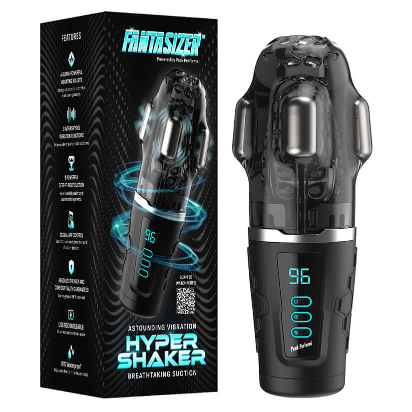Peak Performa Hypershaker Fantasizer Masturbator Black in sleek design with control panel and packaging shown.
