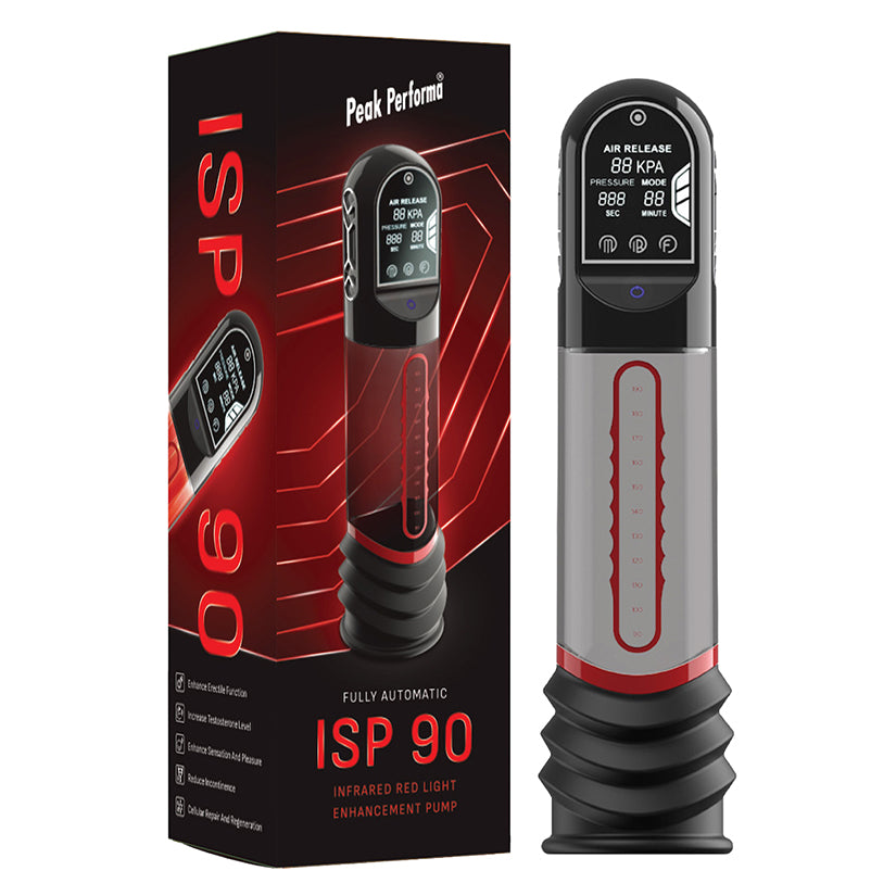 Peak Performa ISP 90 Infrared Red Light Therapy Pump Red with display and packaging.