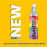 Swiss Navy Pride Silicone Lubricant 4 Oz special edition bottle with rainbow design on a bright yellow background.