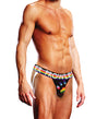Prowler Oversized Paw Jock Strap Black Multi Medium showcasing a model in sleek black with colorful waistband and paw print.