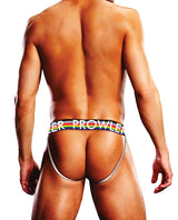 Prowler Oversized Paw Jock Strap Black Multi Medium shown from the back with Progress Pride flag waistband.