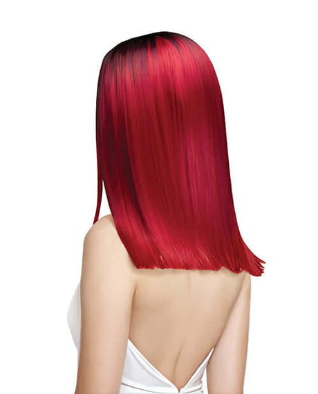 Pleasure Wigs Rose Pink Costume Wig displayed on a model, showcasing vibrant rose pink hair for costume parties.