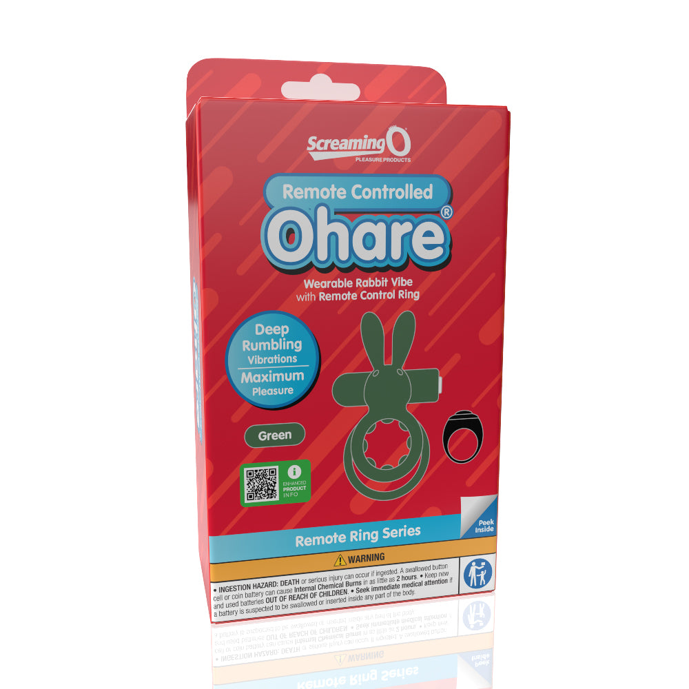 Screaming O Remote Controlled Ohare Vibrating Ring Green packaging showcasing rabbit vibe and remote control features.