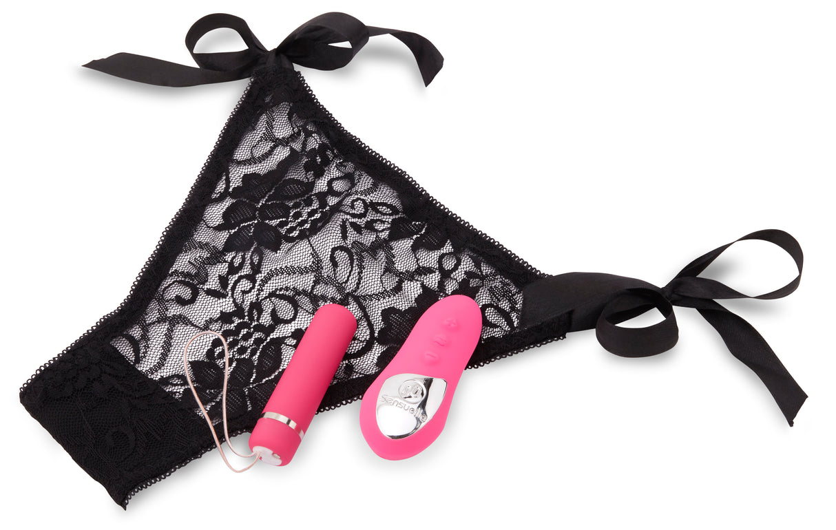 NU Sensuelle Pleasure Panty Pink Remote Control with lace design and pink rechargeable vibrator.