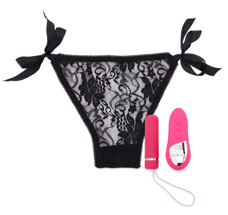 NU Sensuelle Pleasure Panty Pink Remote Control with lace details and a pink rechargeable vibrator.