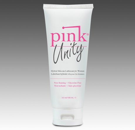 Pink Unity Hybrid Silicone Lubricant for Women 3.3 Oz tube with sleek design and non-staining formula.